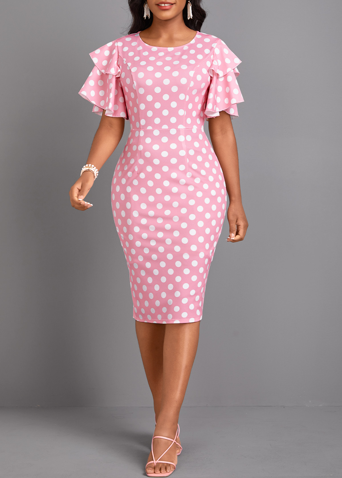 Polka Dot Layered Pink Short Sleeve Bodycon Dress
