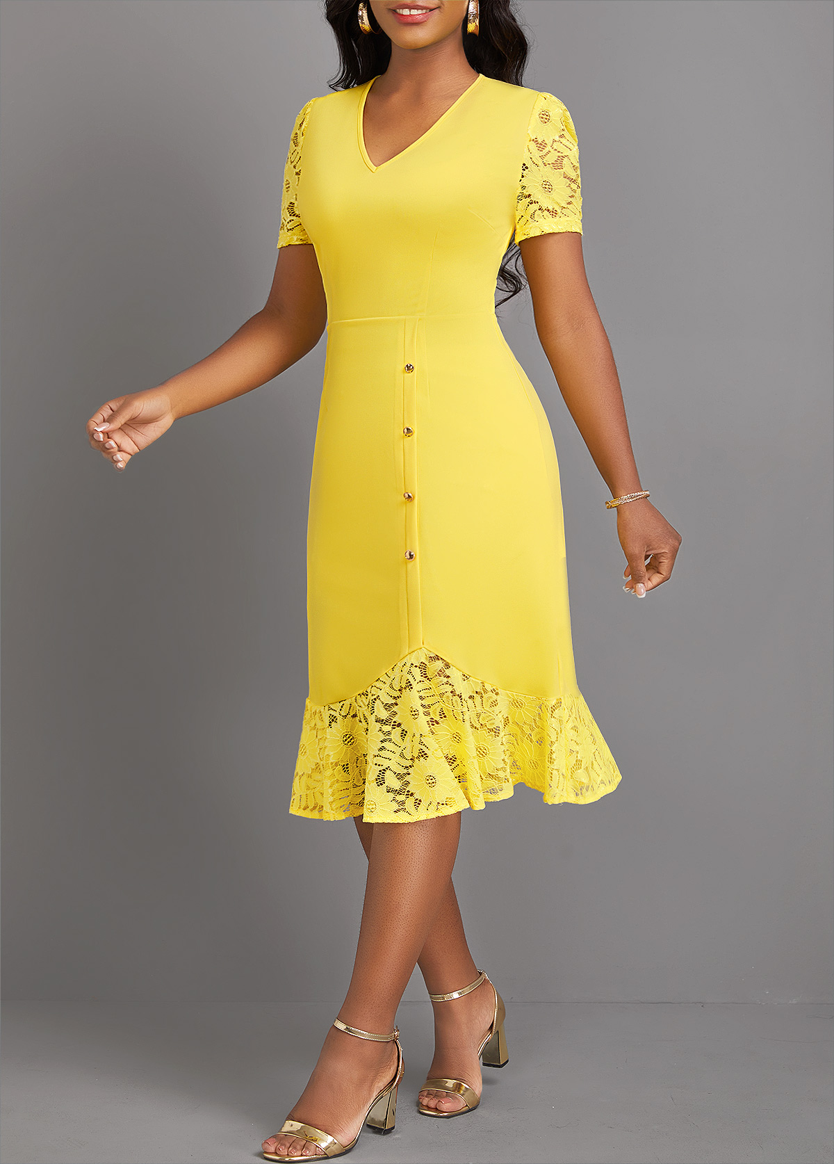Lace Light Yellow Short Sleeve V Neck Dress