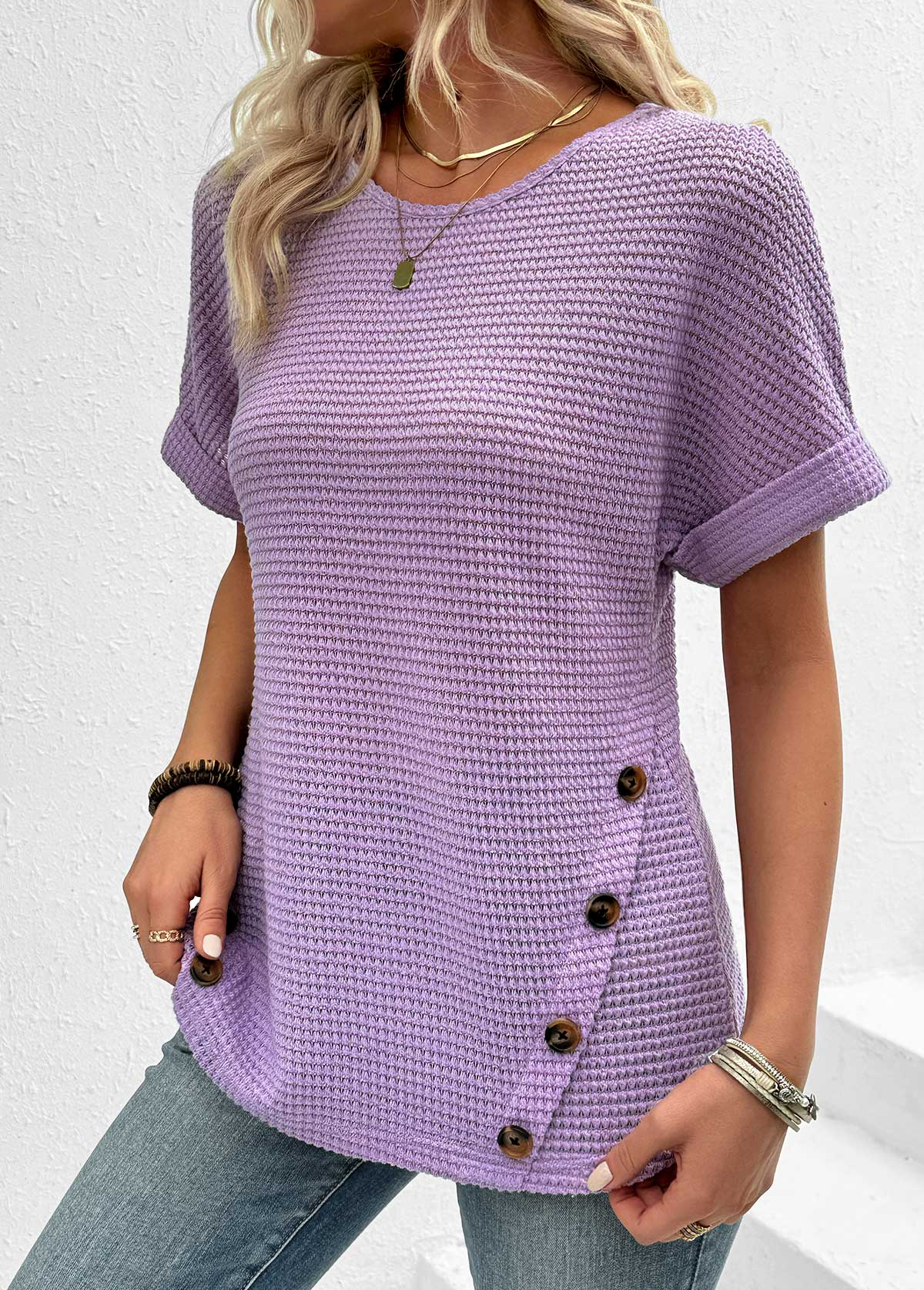 Button Light Purple Short Sleeve Round Neck T Shirt