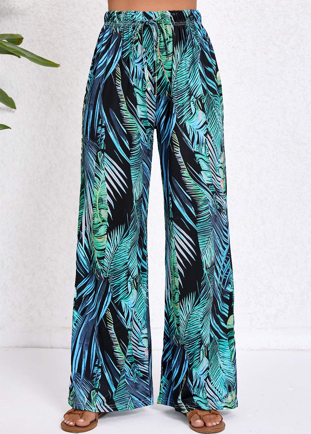 Tropical Plants Print Pocket Turquoise Elastic Waist Pants