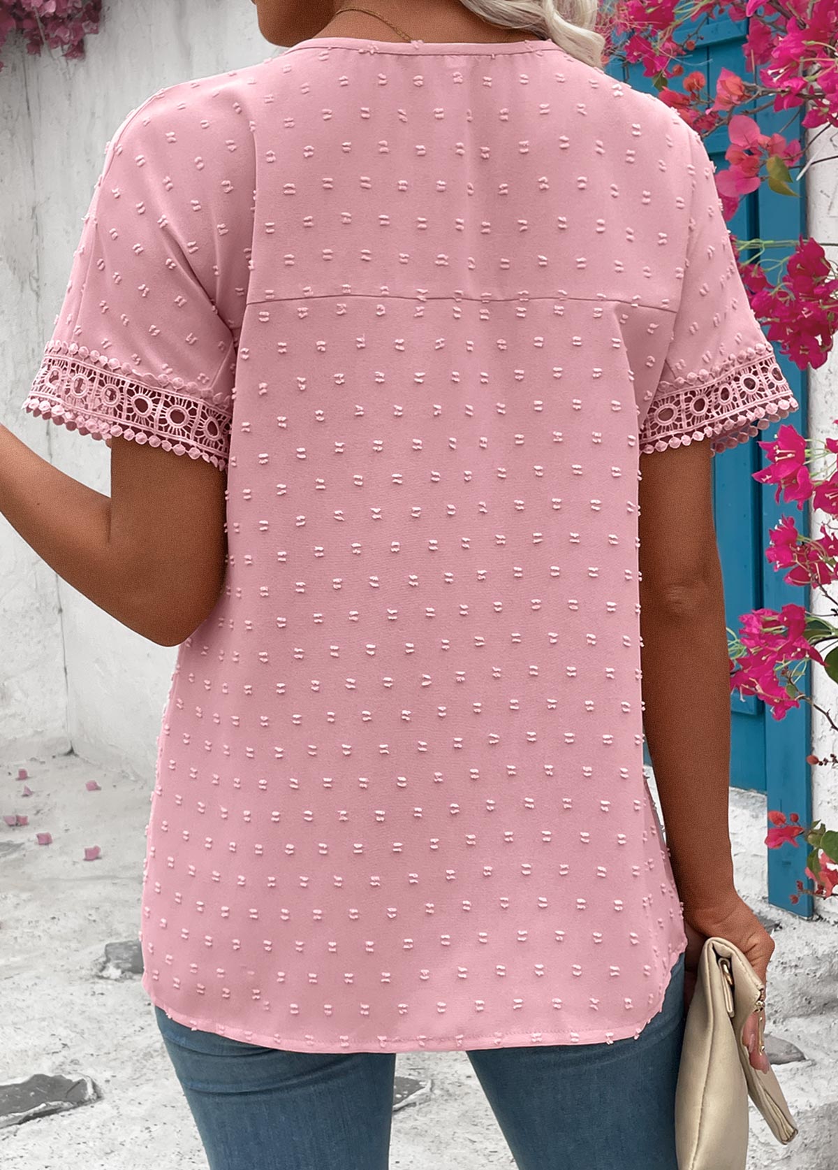 Patchwork Light Pink Short Sleeve Round Neck T Shirt