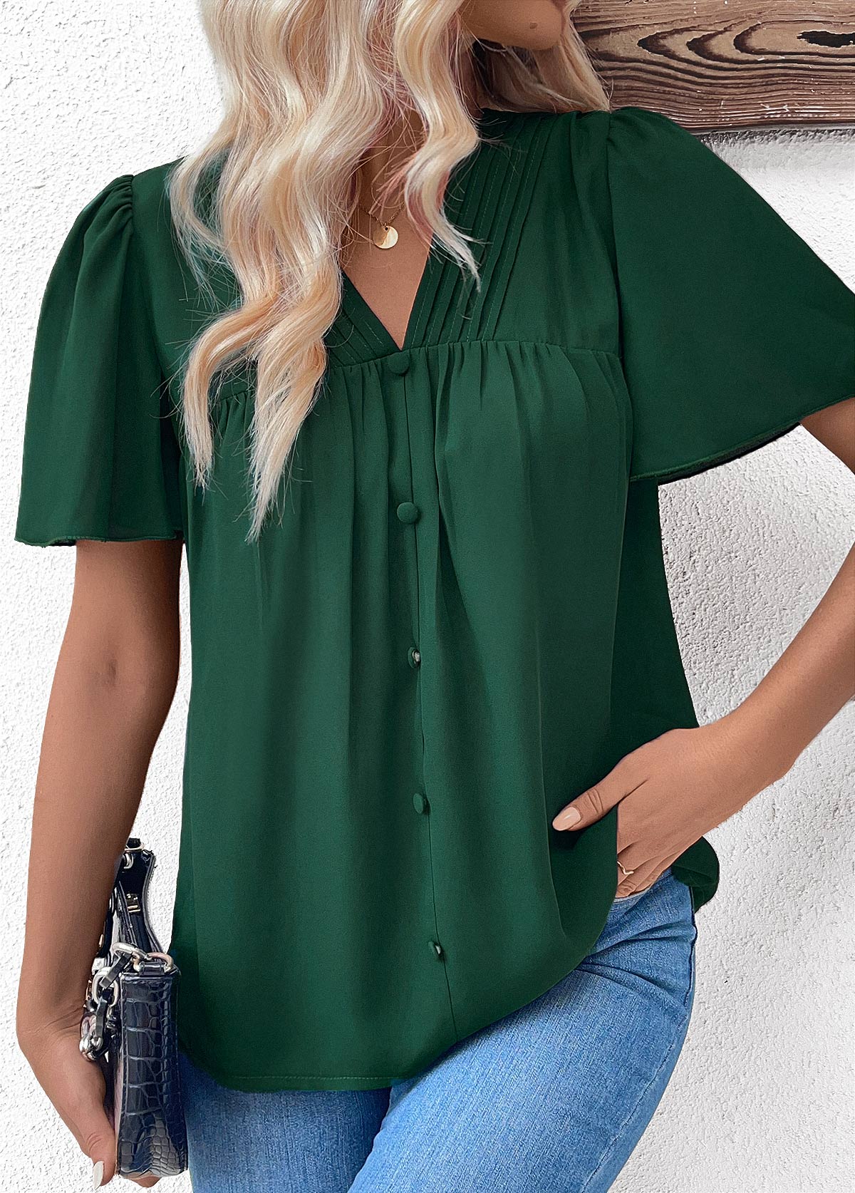 Patchwork Blackish Green Short Sleeve V Neck Blouse | Rosewe.com - USD ...