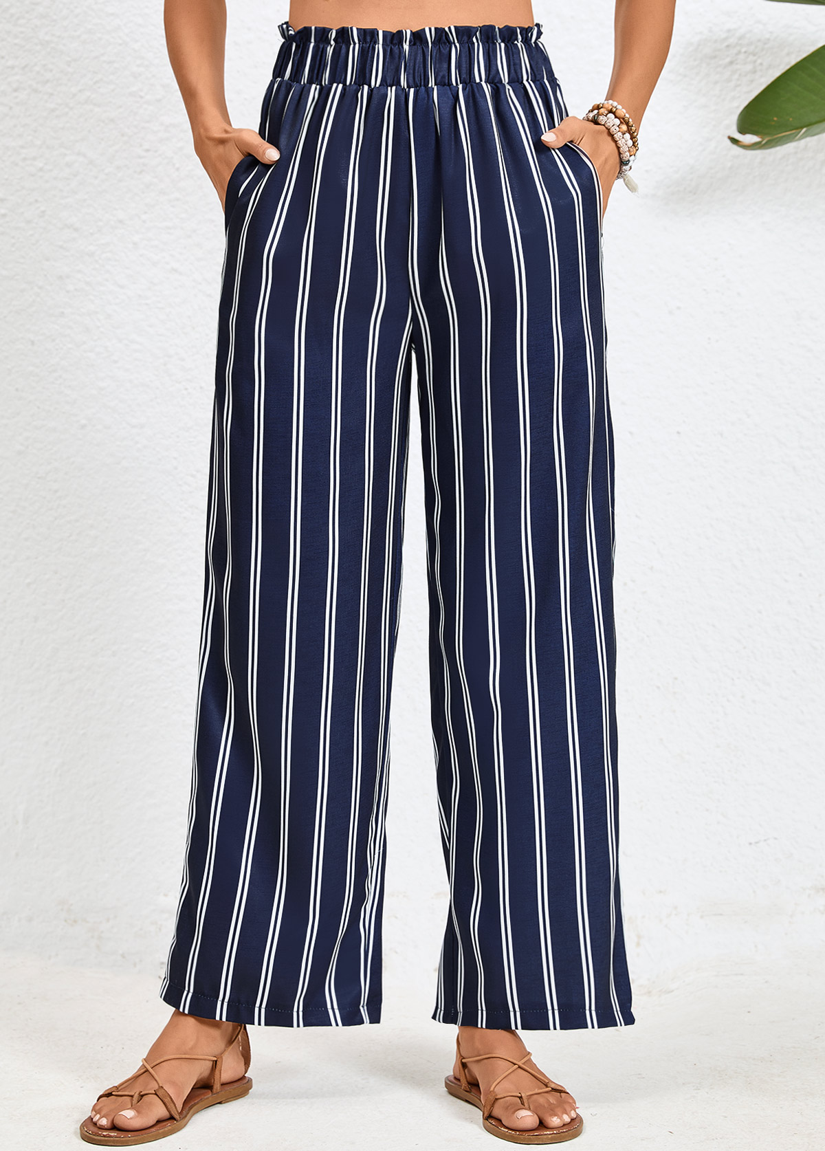 Striped Double Side Pockets Navy Elastic Waist Pants USD