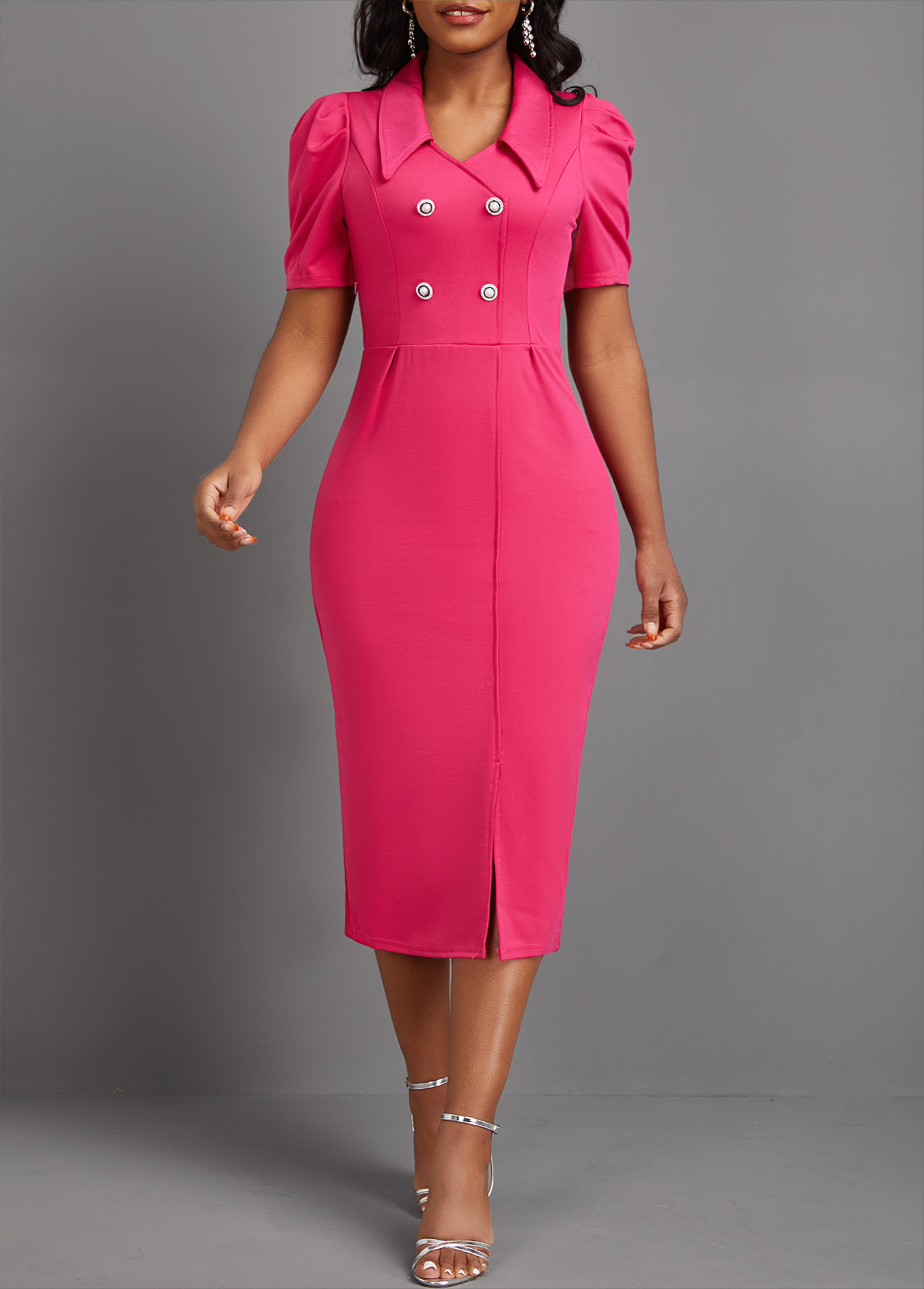 Button Hot Pink Short Sleeve Bodycon Dress