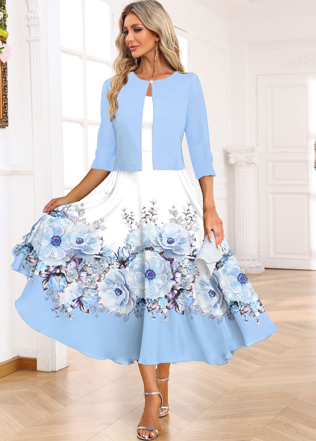 Floral Print Two Piece Light Blue Dress and Cardigan