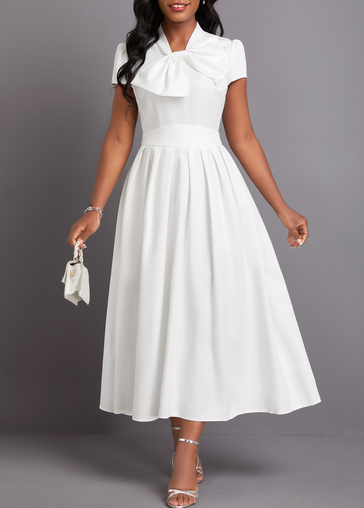 Bowknot White Short Sleeve Stand Collar Dress