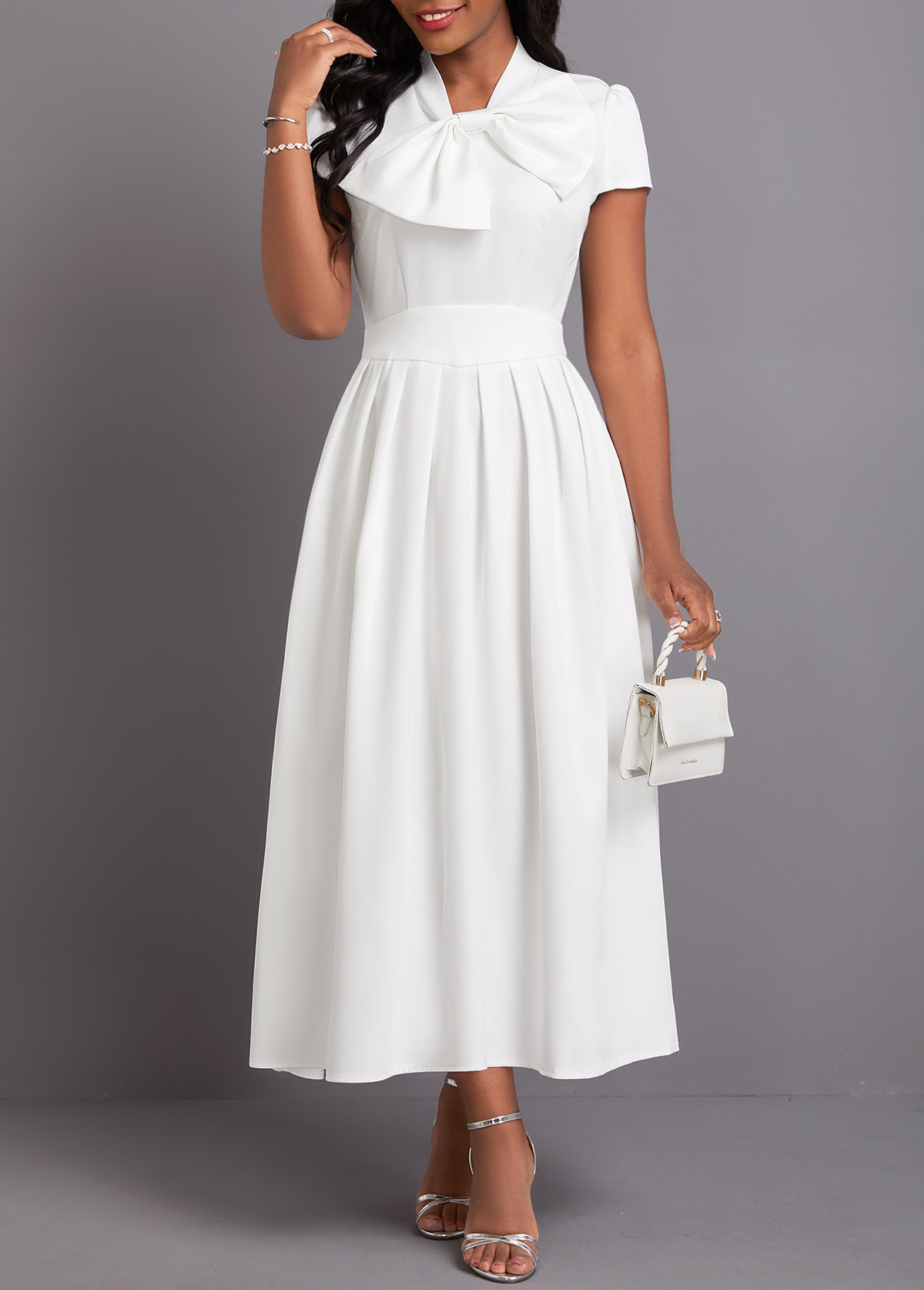 Bowknot White Short Sleeve Stand Collar Dress