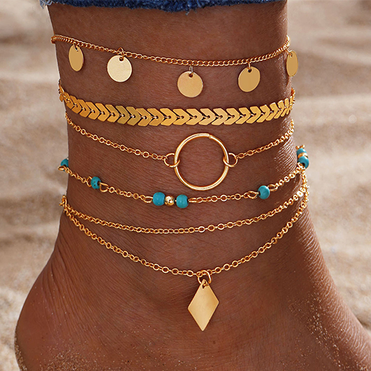 Geometric Layered Patchwork Gold Alloy Anklets