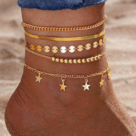 Gold Round Alloy Star Layered Anklets