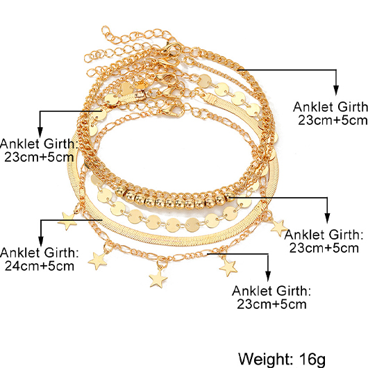 Gold Round Alloy Star Layered Anklets