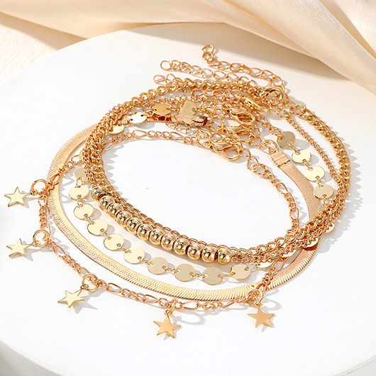 Gold Round Alloy Star Layered Anklets