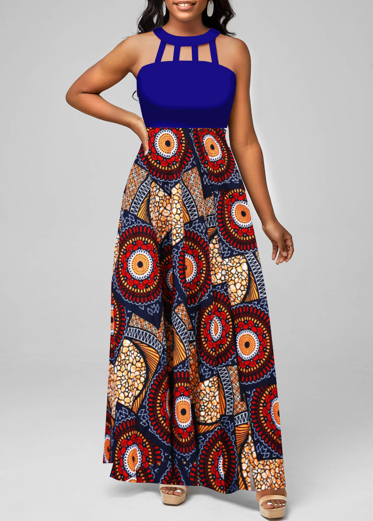 African Tribal Print Cage Neck Navy Sleeveless Maxi Dress