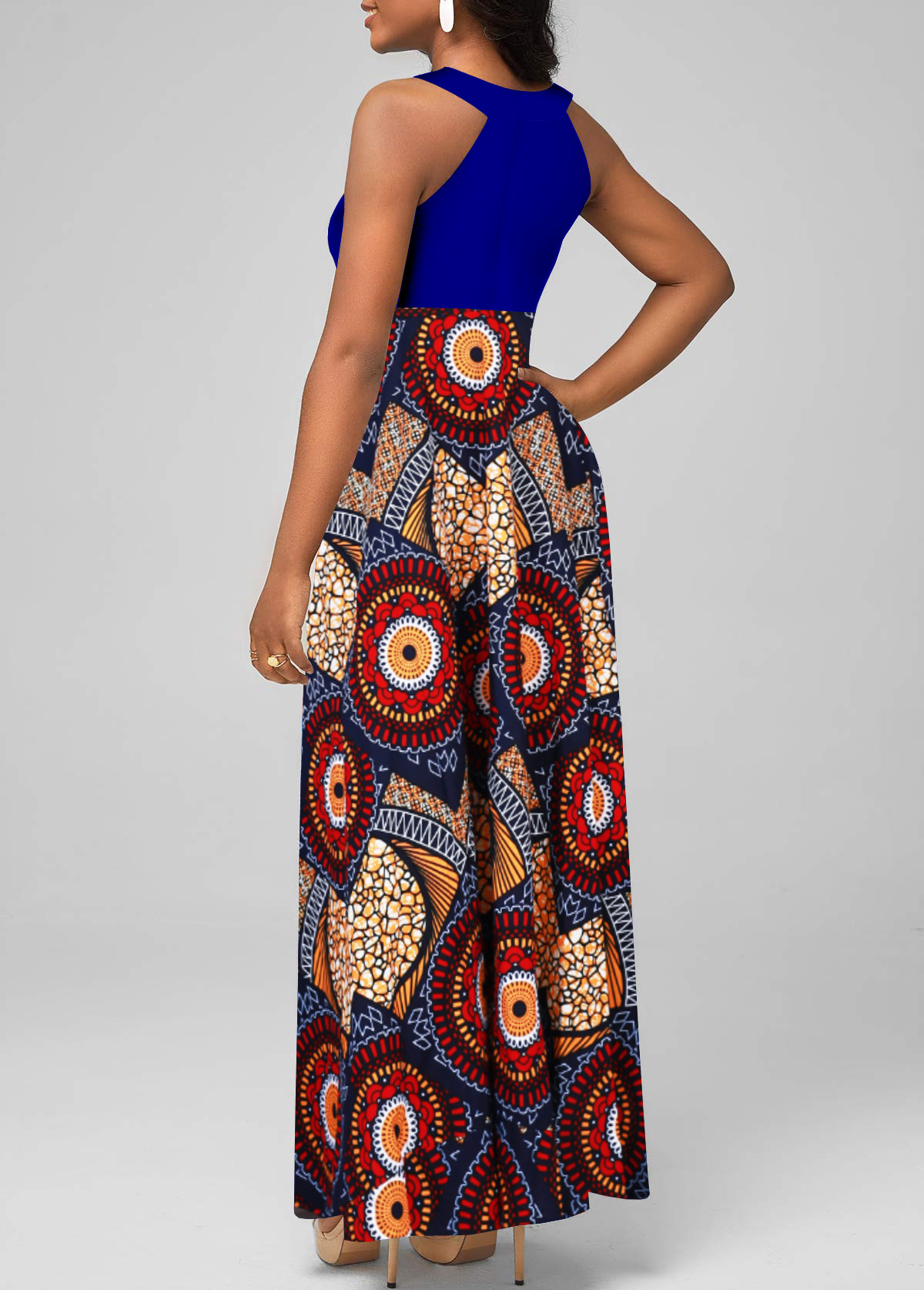 African Tribal Print Cage Neck Navy Sleeveless Maxi Dress