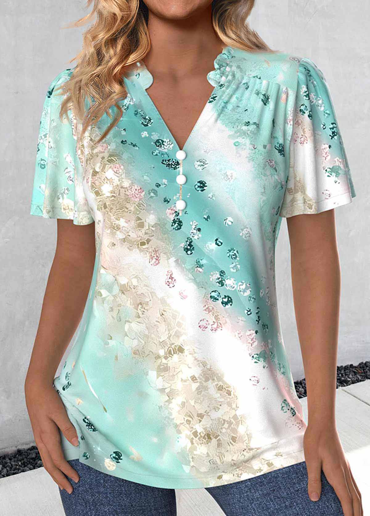 Ombre Ruched Mint Green Short Sleeve V Neck Blouse
