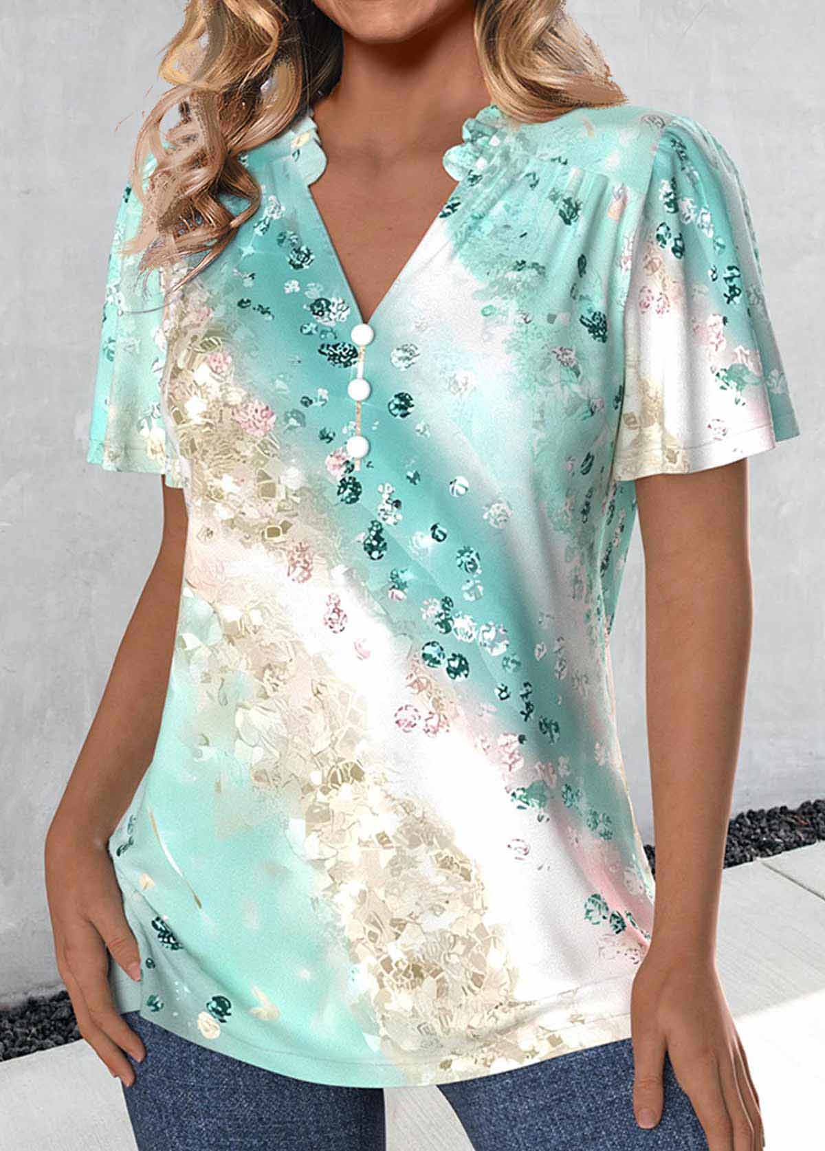 Ombre Ruched Mint Green Short Sleeve V Neck Blouse