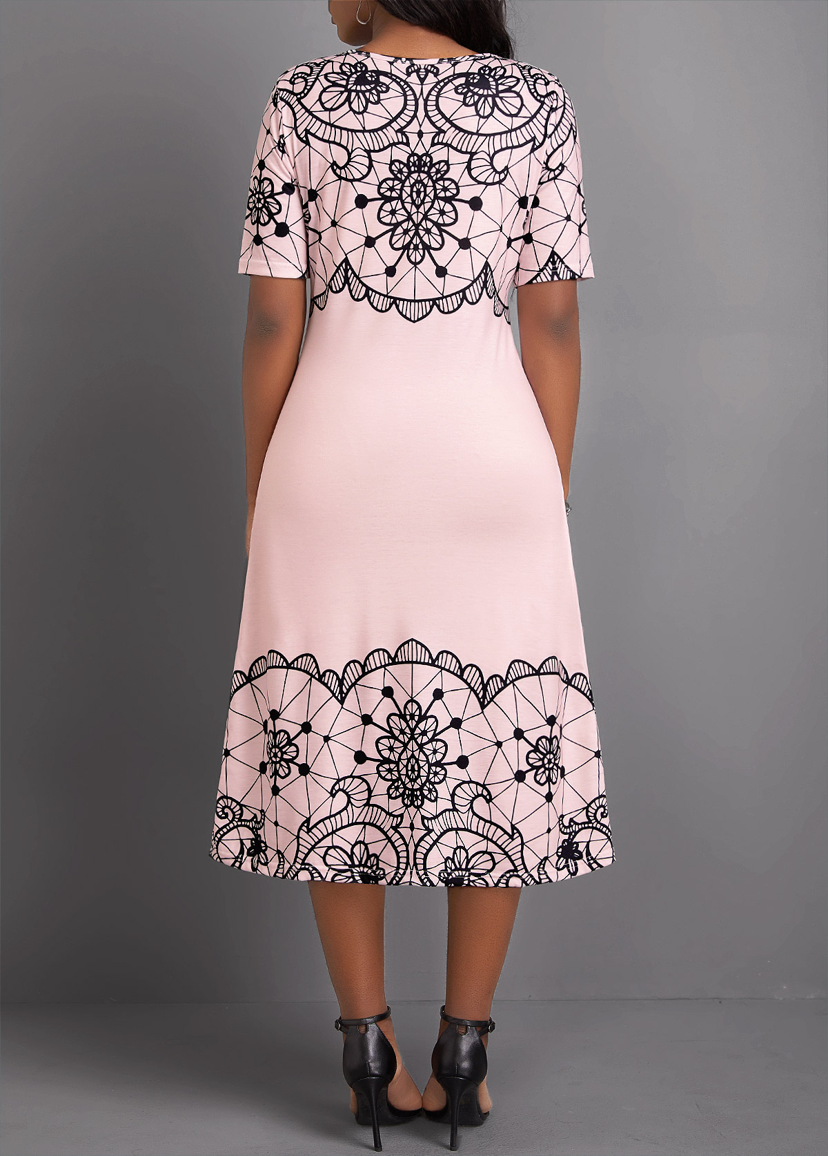 Geometric Print Light Pink Short Sleeve Round Neck Dress