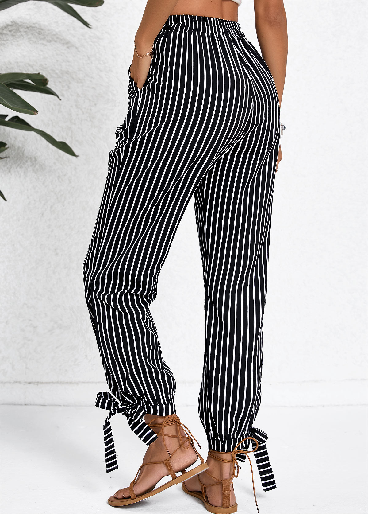 Striped Split Black Jogger Elastic Waist High Waisted Pants