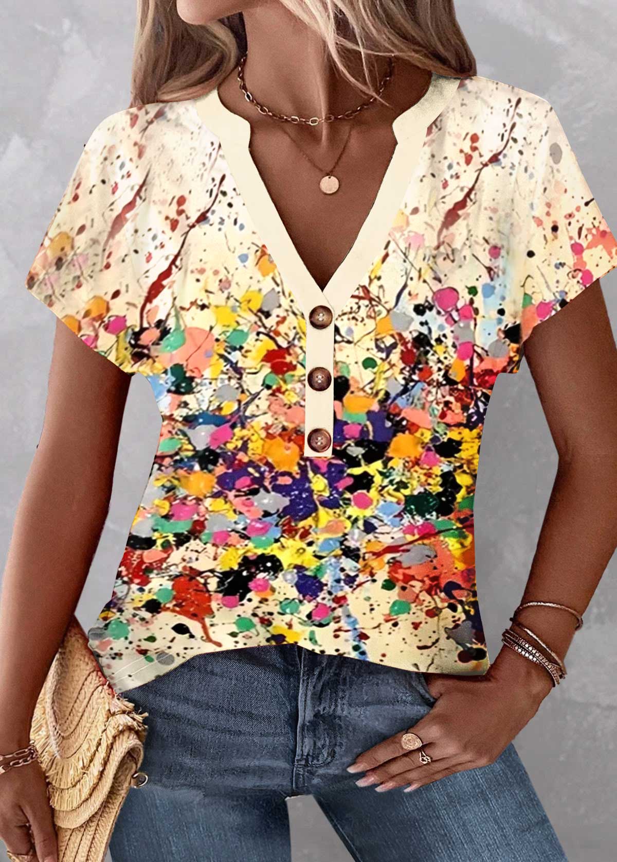 Dazzle Colorful Print Patchwork Multi Color T Shirt