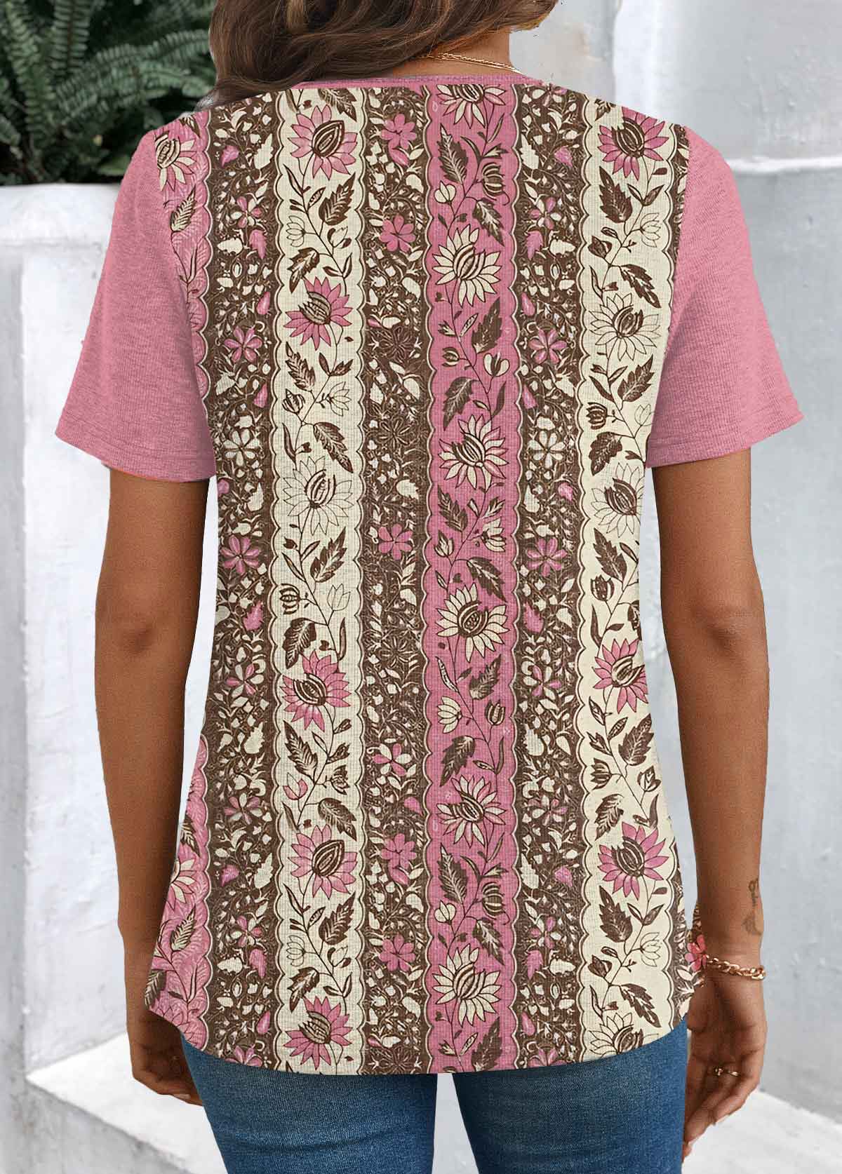Floral Print Patchwork Pink Short Sleeve T Shirt