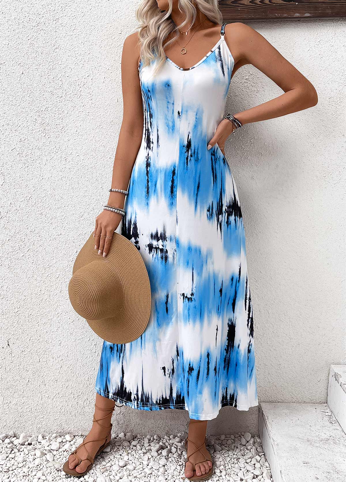 Tie Dye Print Lightweight Sky Blue Strappy Maxi Dress