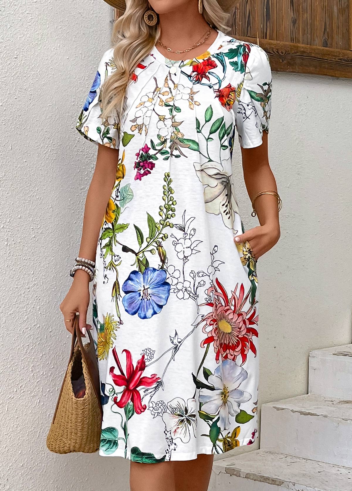 Floral Print Pleated White Short Sleeve Round Neck Dress