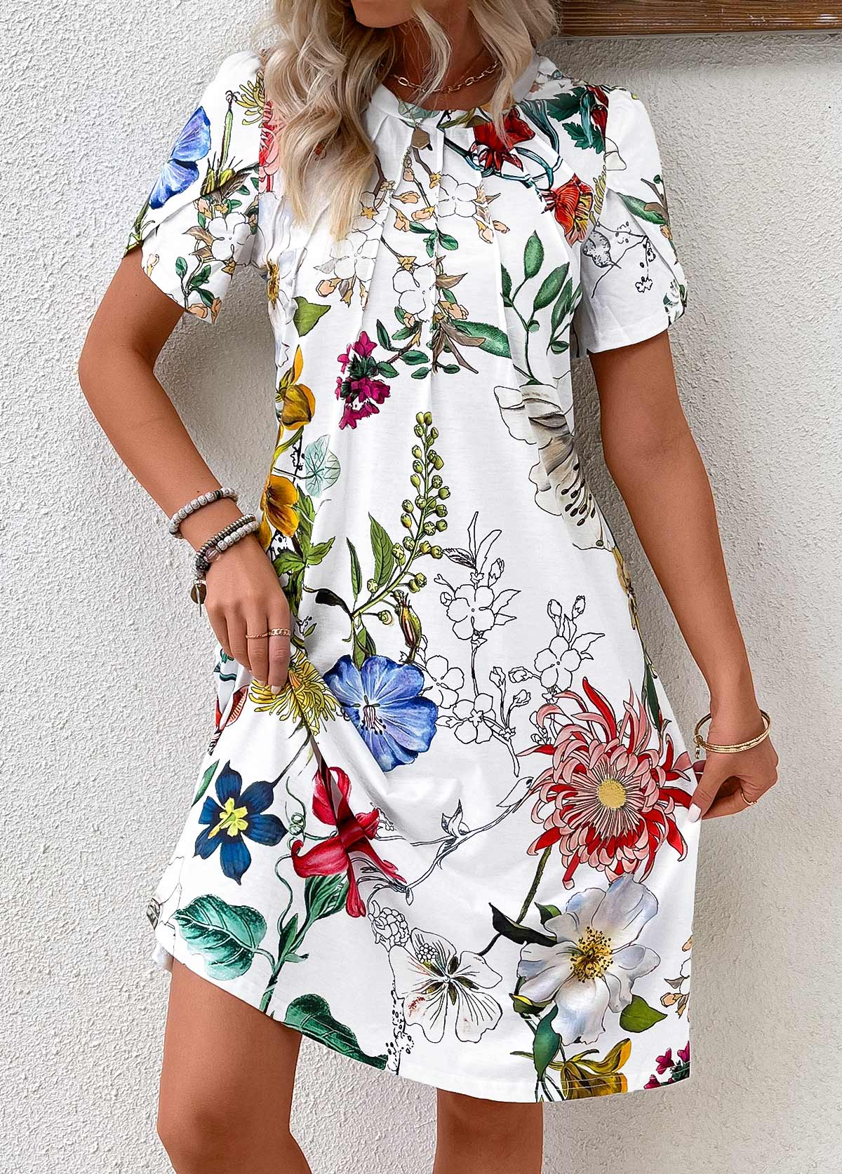 Floral Print Pleated White Short Sleeve Round Neck Dress