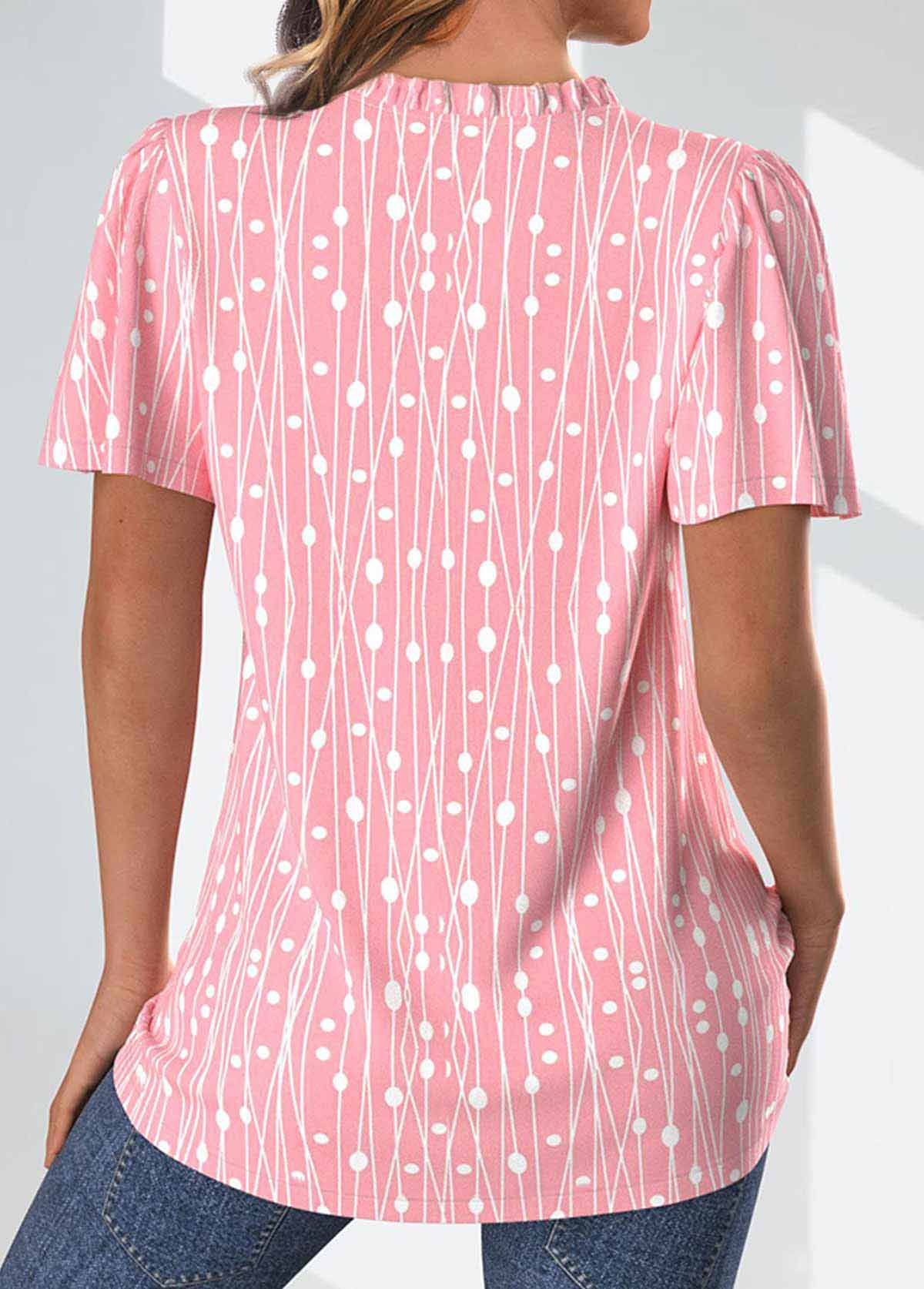 Geometric Print Frill Pink Short Sleeve Split Neck Blouse