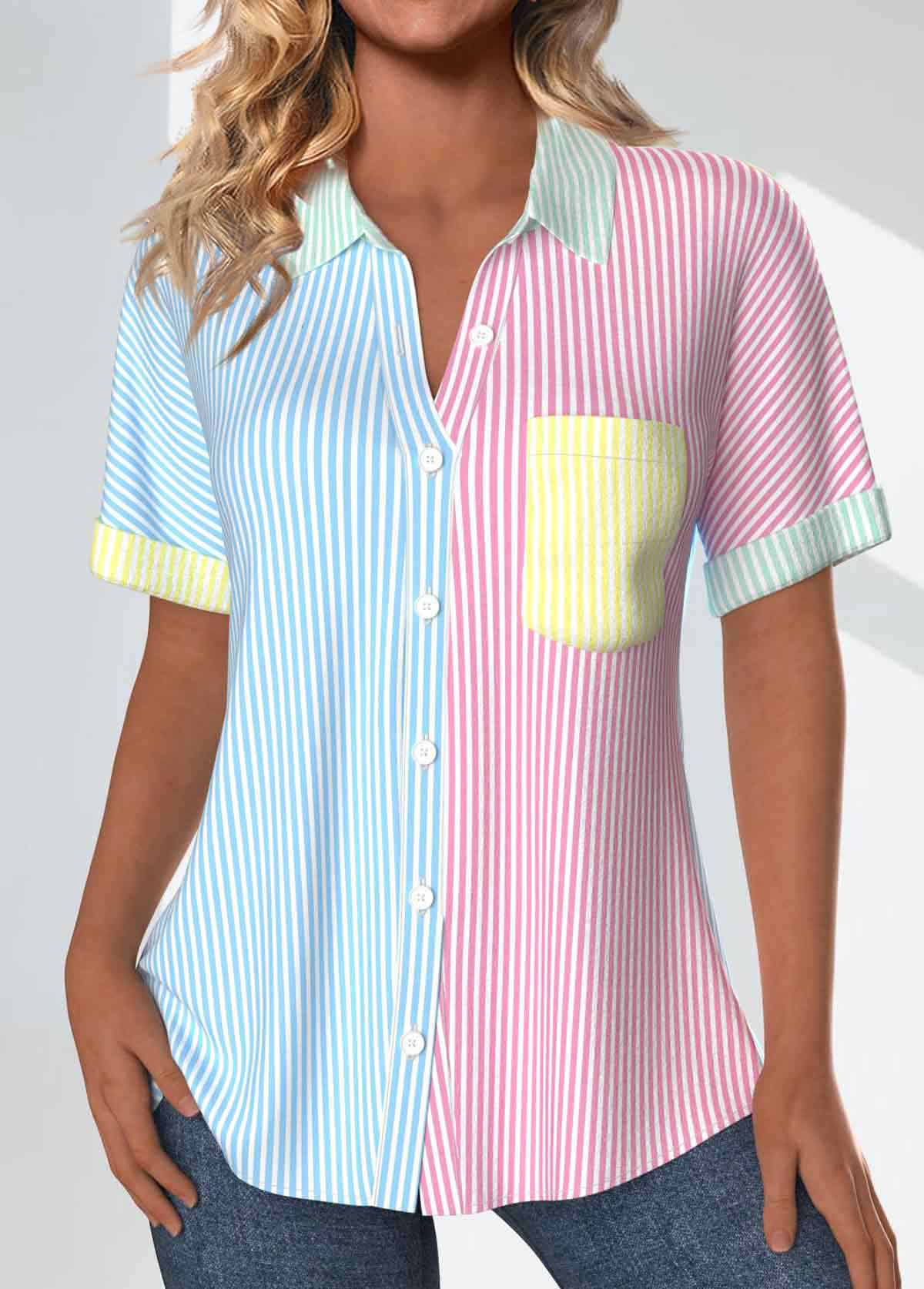 Striped Patchwork Rainbow Color Short Sleeve Shirt Collar Blouse