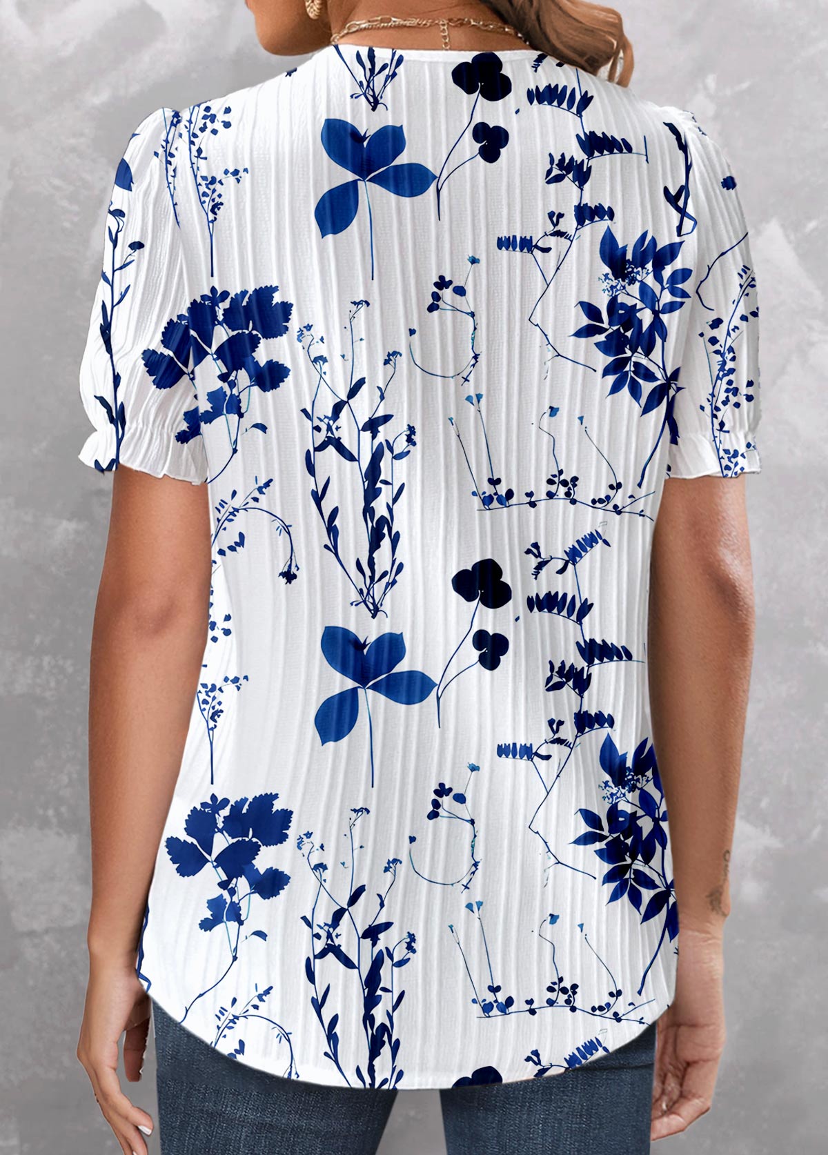 Floral Print Embroidery Dark Blue Short Sleeve Blouse