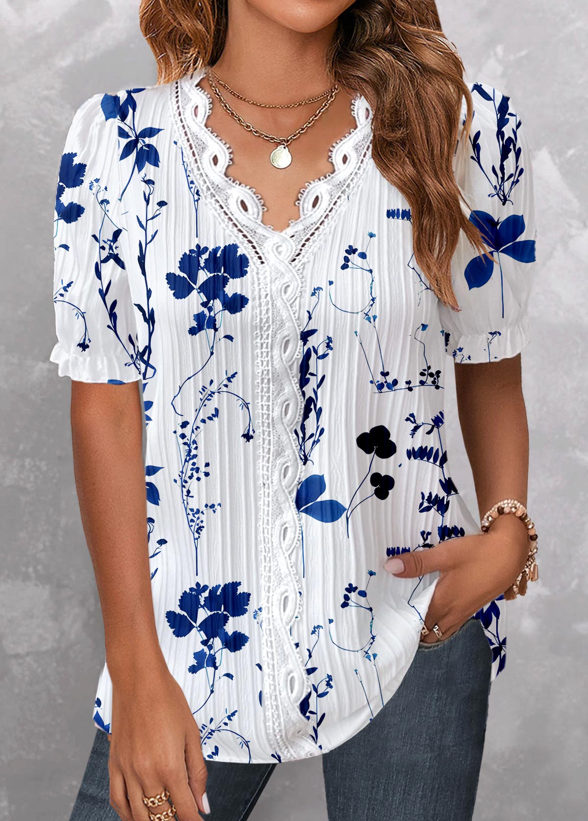 Floral Print Embroidery Dark Blue Short Sleeve Blouse