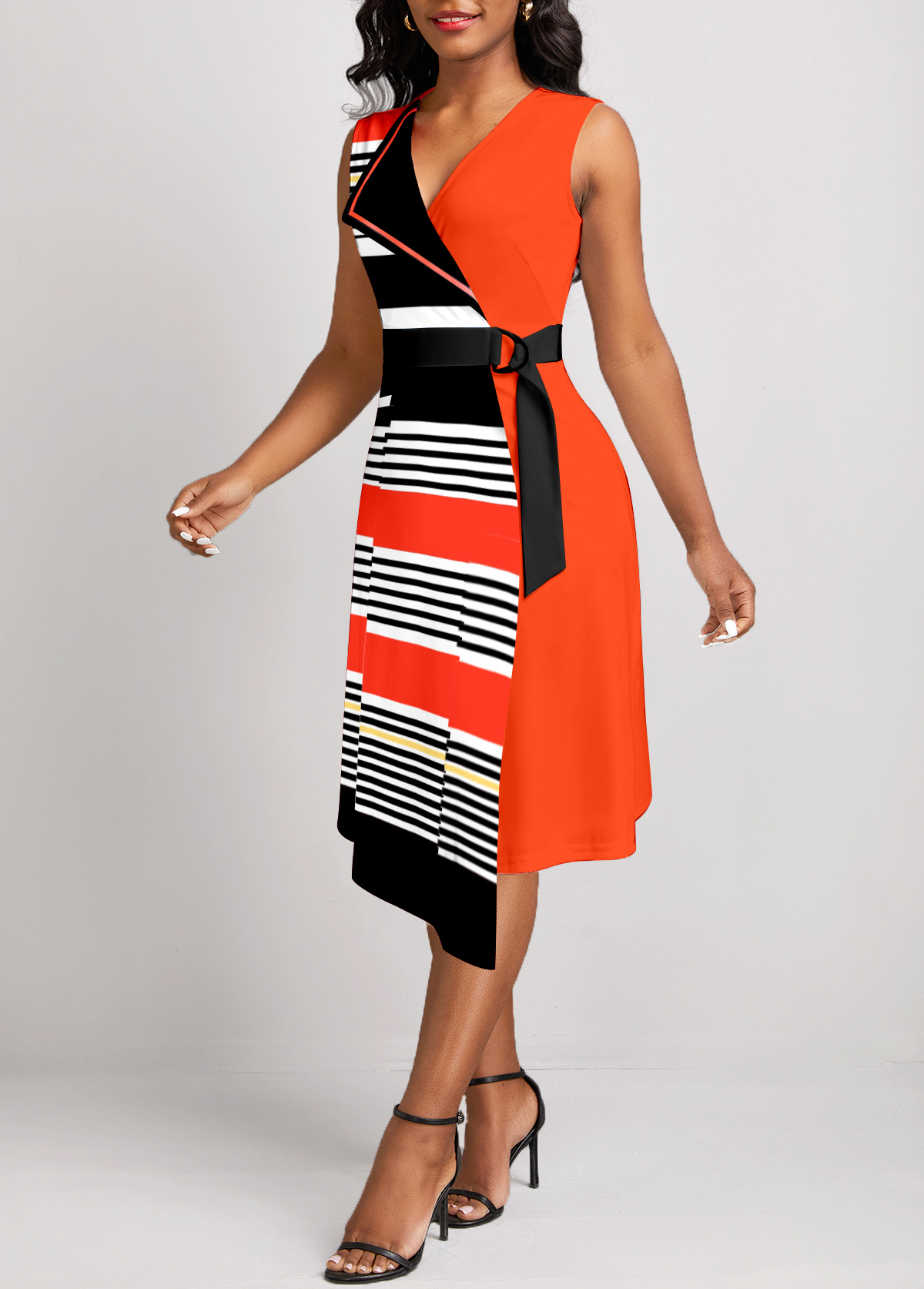 Striped Patchwork Orange Sleeveless V Neck Dress