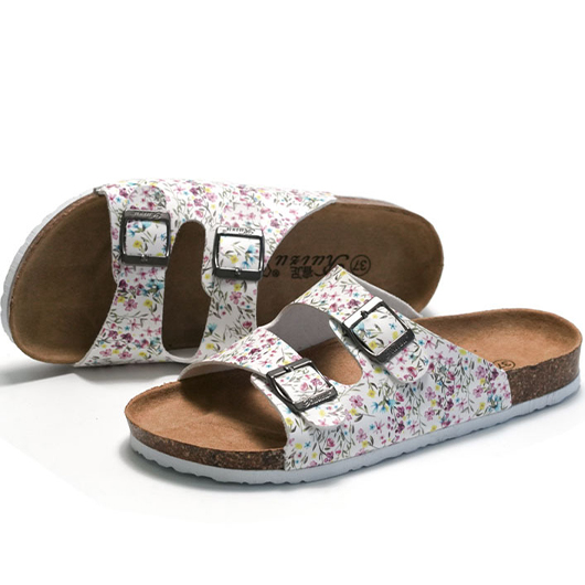 White Floral Print Open Toe Falt Sliders