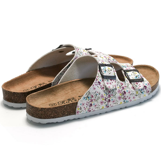 White Floral Print Open Toe Falt Sliders