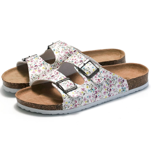 White Floral Print Open Toe Falt Sliders
