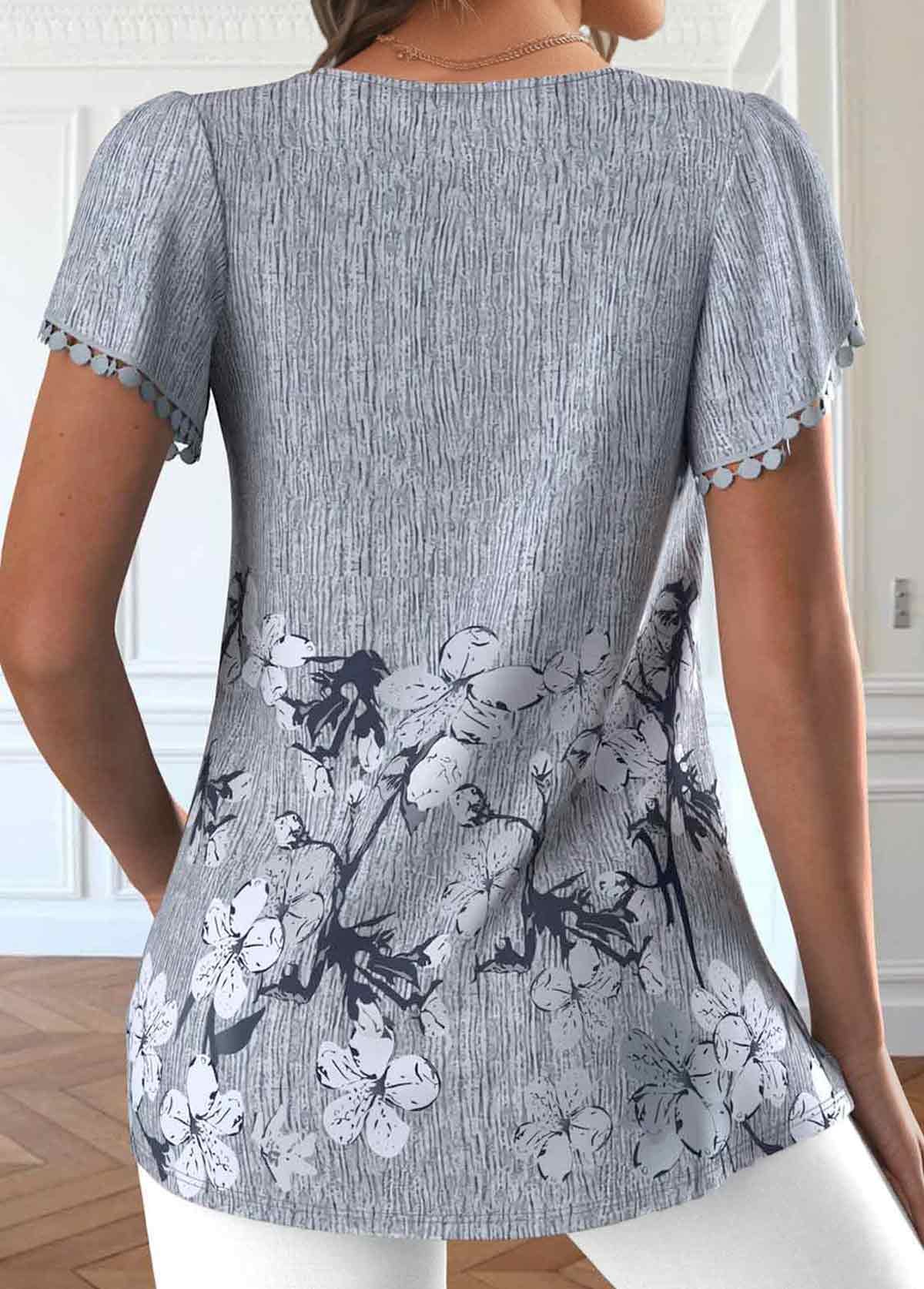 Floral Print Patchwork Dark Grey Short Sleeve T Shirt