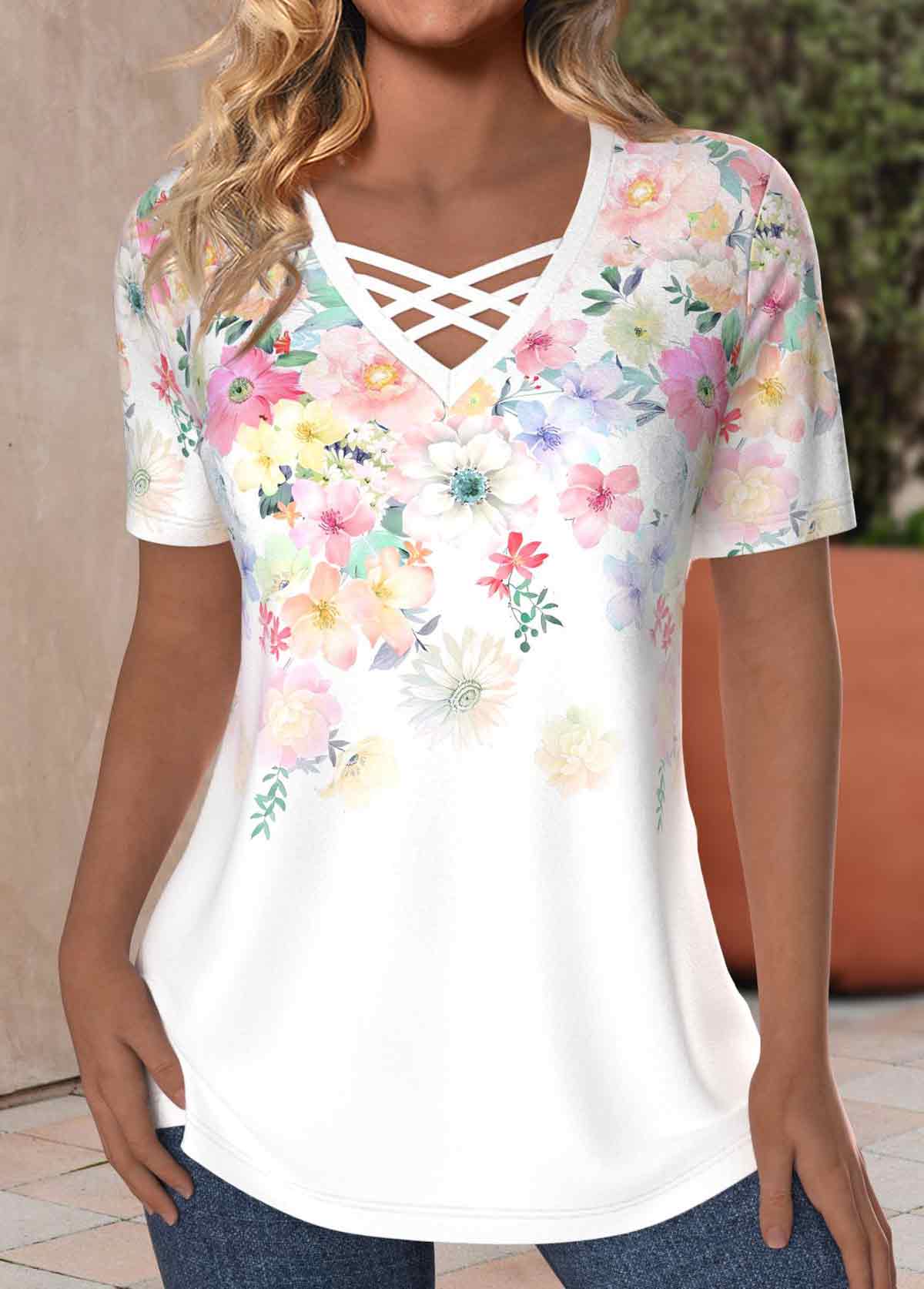 Floral Print Criss Cross White Short Sleeve T Shirt