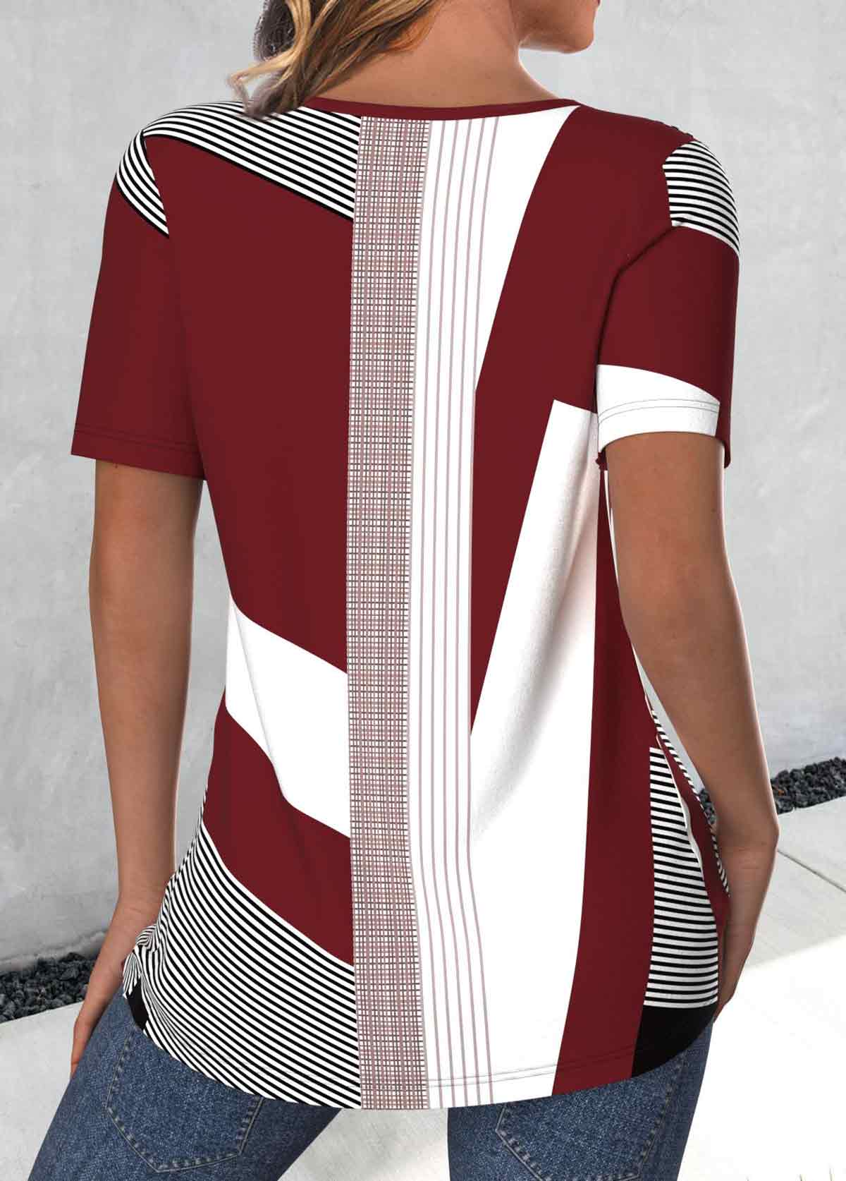 Geometric Print Button Deep Red Short Sleeve T Shirt