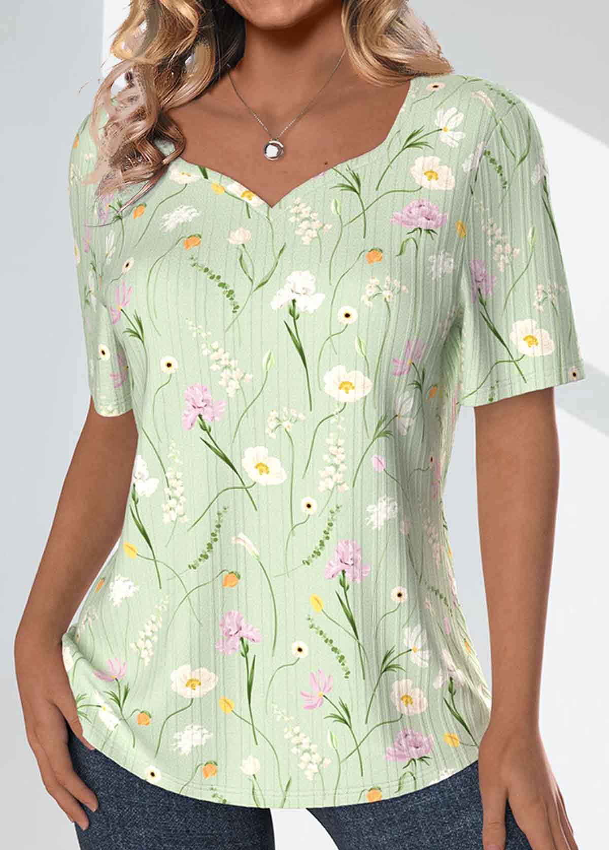 Floral Print Textured Fabric Light Green T Shirt