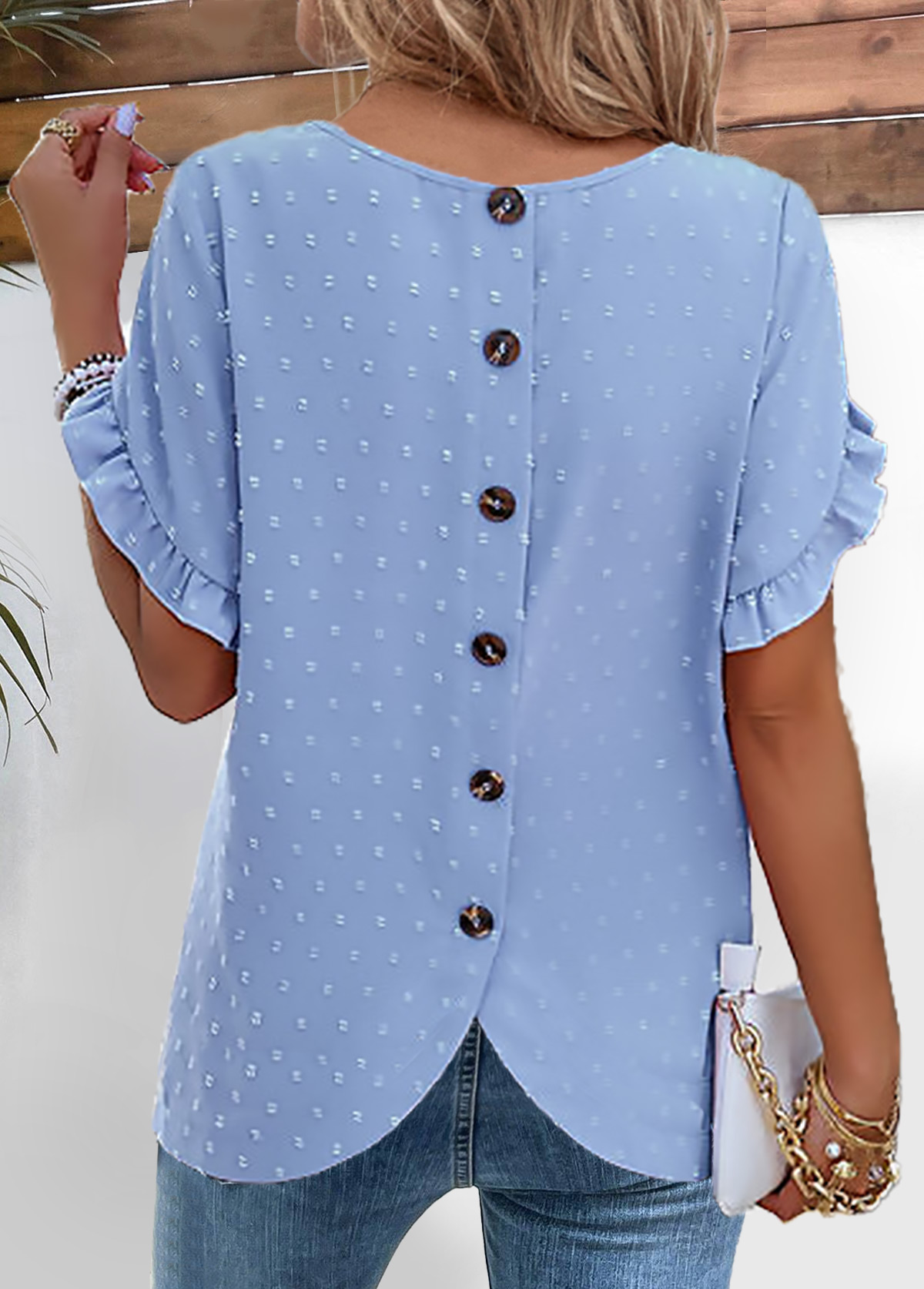 Button Dusty Blue Short Sleeve Round Neck Blouse