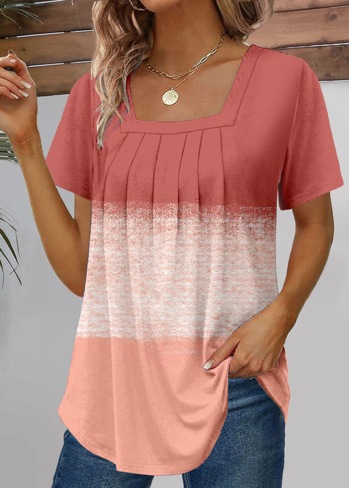 Ruched Dusty Pink Short Sleeve Square Neck T Shirt