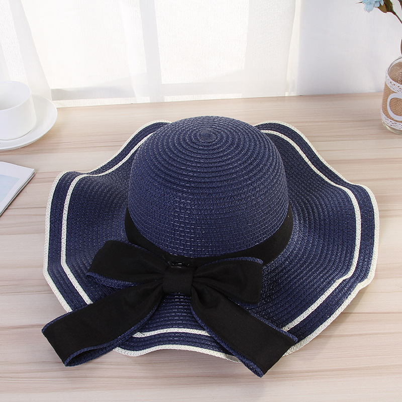 Striped Bowknot Navy Straw Visor Hat