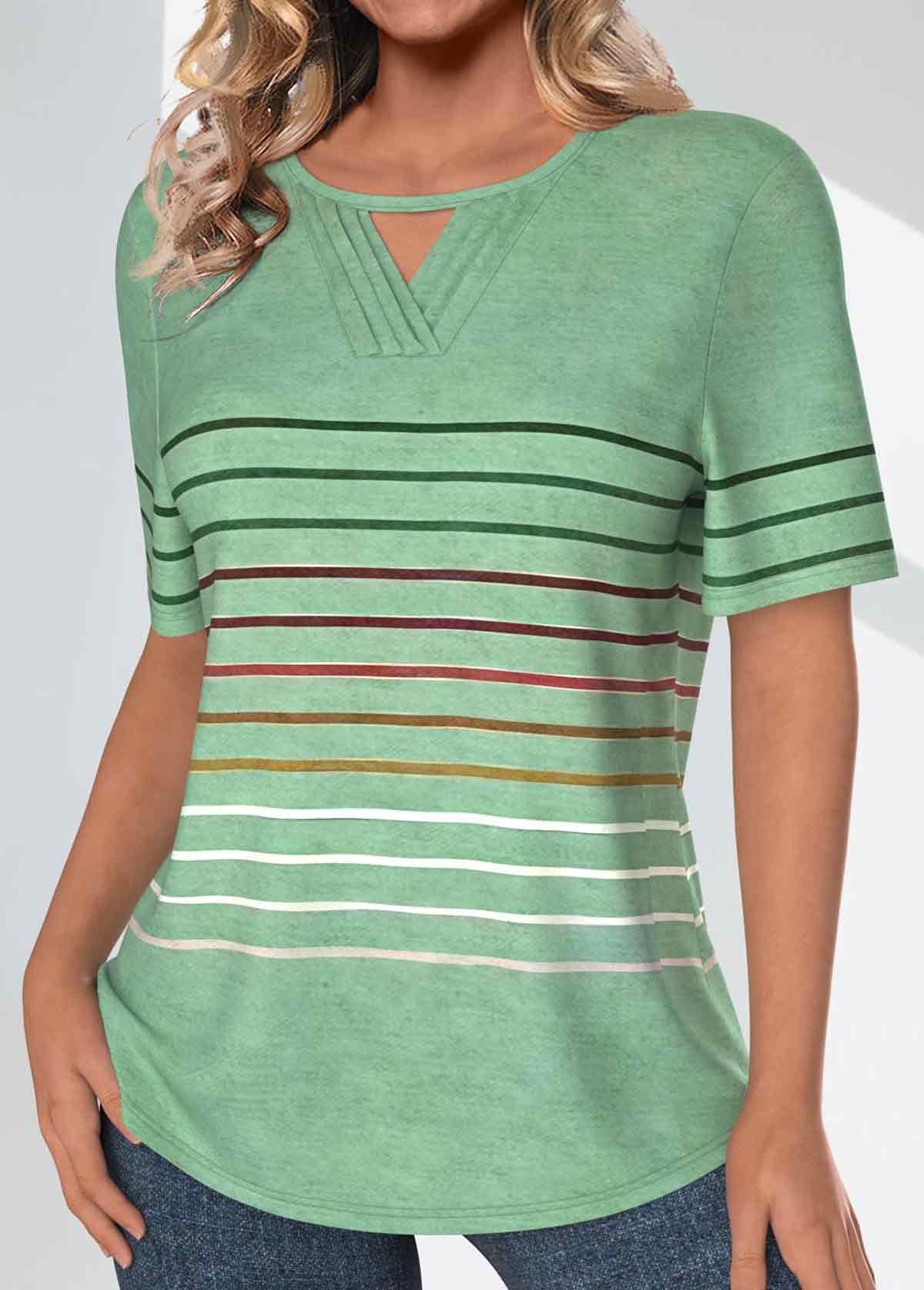 Striped Tuck Stitch Light Green Short Sleeve T Shirt