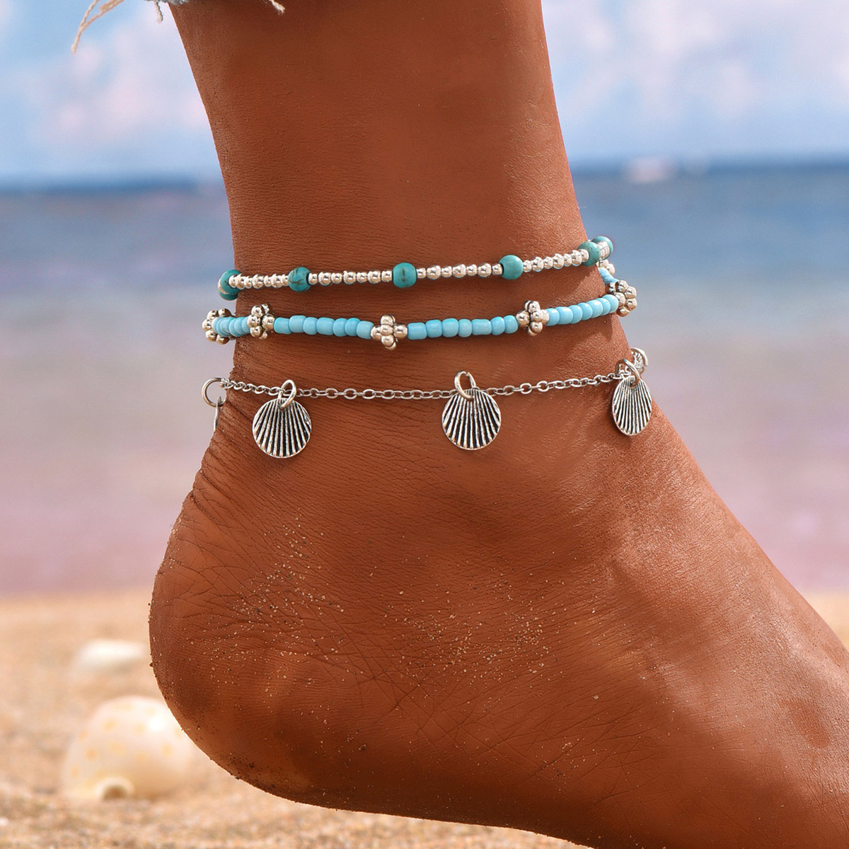 Baded Design Turquoise Iron Anklet Set