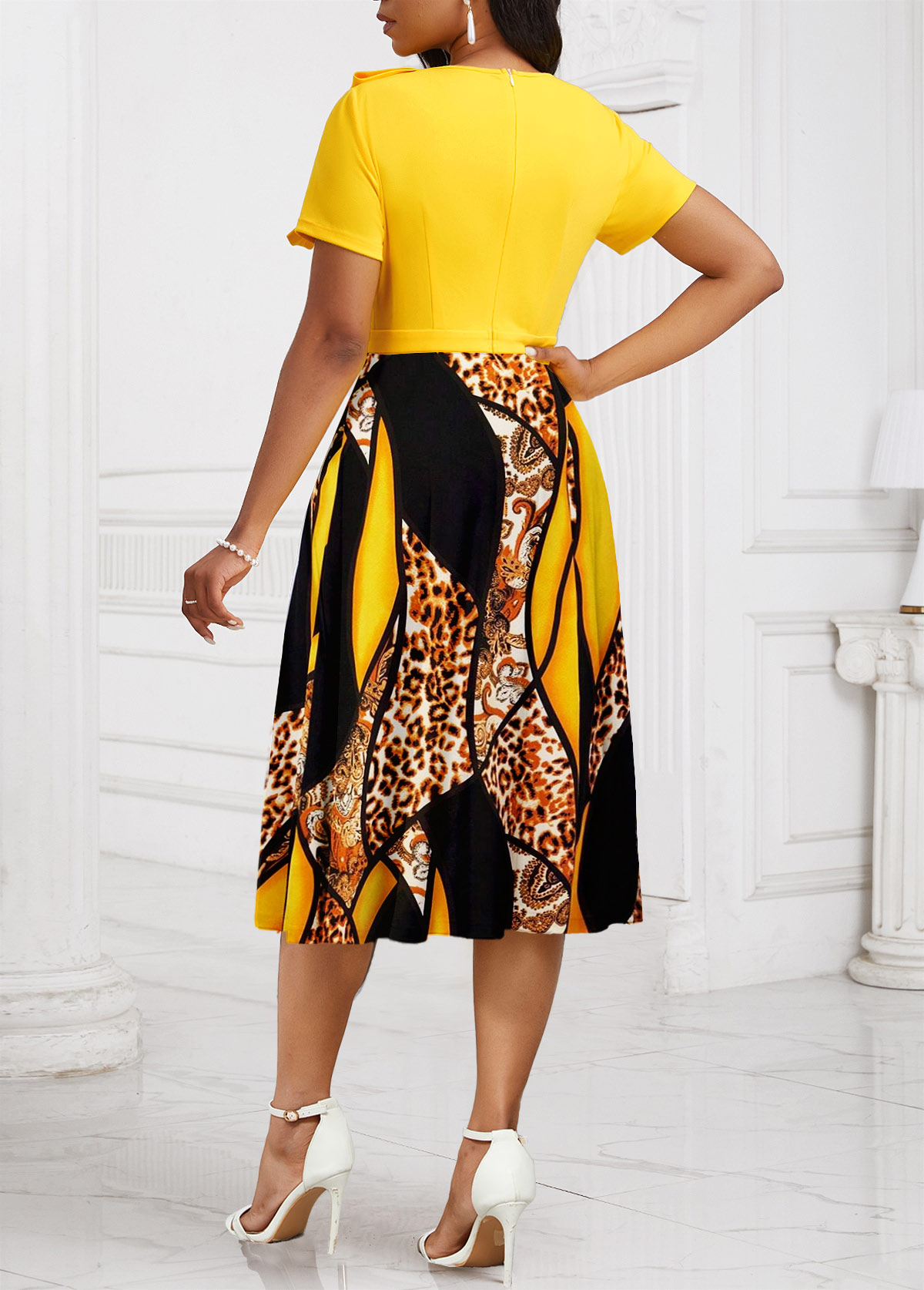 Leopard Patchwork Yellow Short Sleeve Round Neck Dress