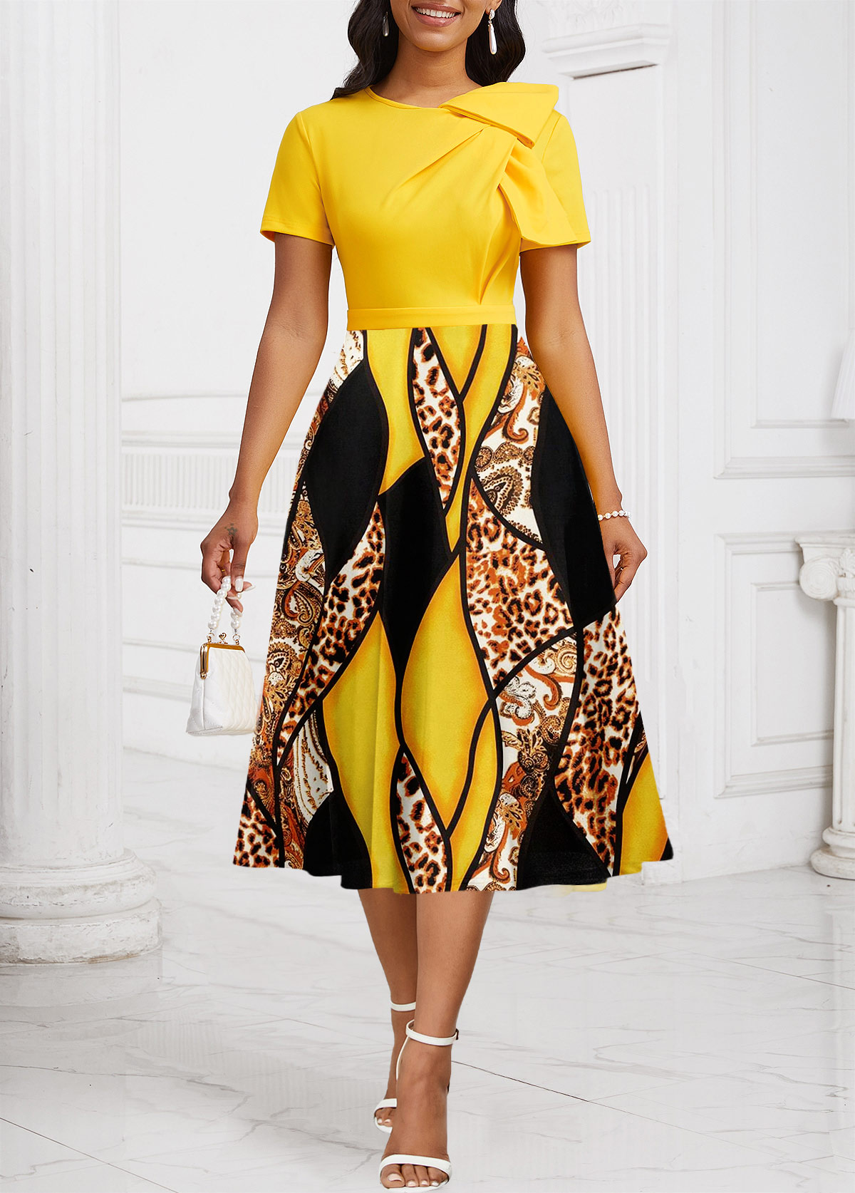 Leopard Patchwork Yellow Short Sleeve Round Neck Dress