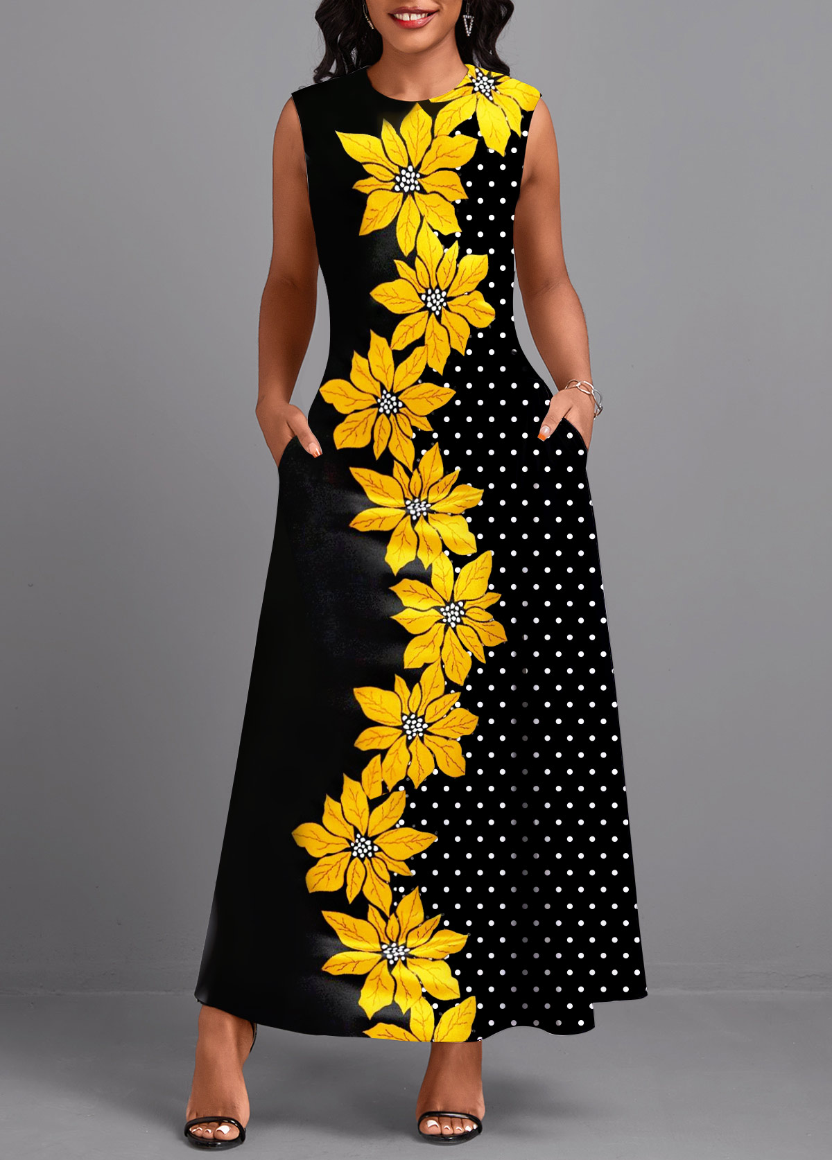 Floral Print Double Side Pockets Black Sleeveless Maxi Dress