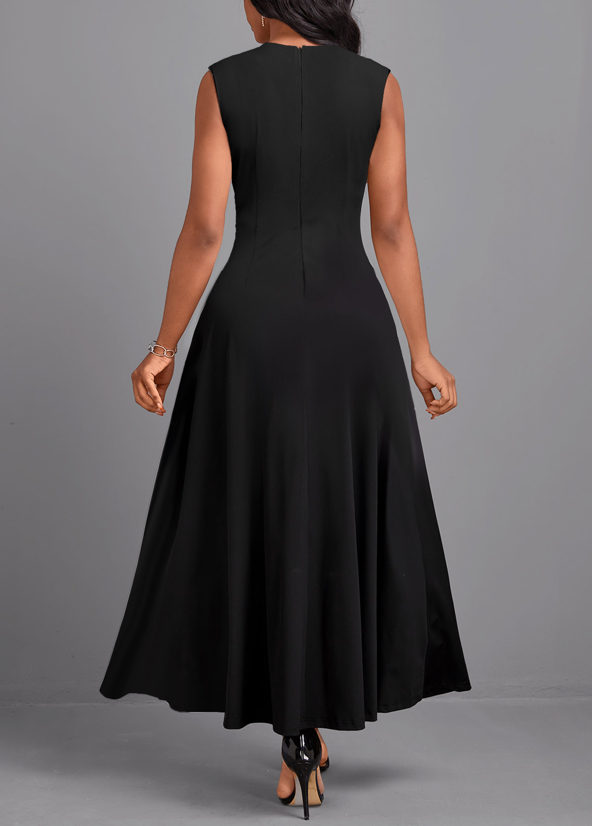 Floral Print Double Side Pockets Black Sleeveless Maxi Dress