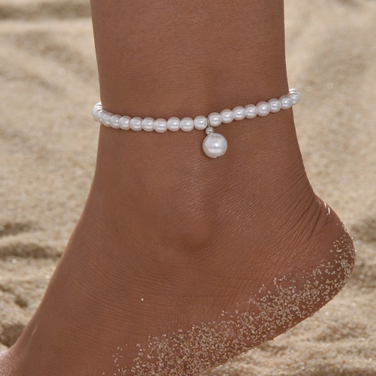 White Color Round Pearl Detail Anklet