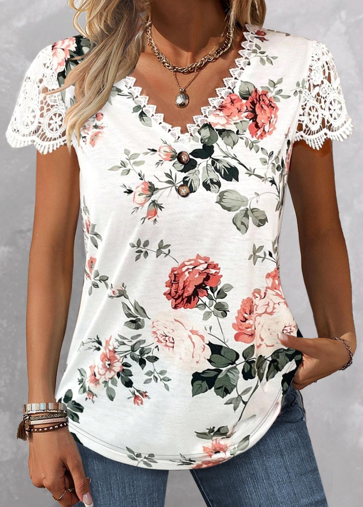 Floral Print Lace White Short Sleeve T Shirt