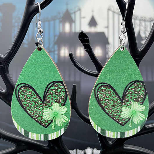 Green Geometric Clover Wood Heart Earrings